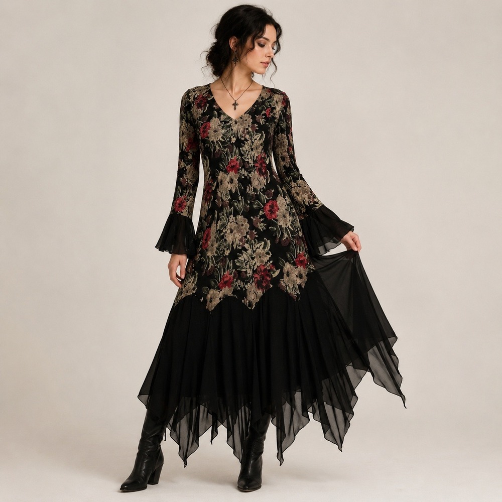 Vintage 90s Temptation Floral Handkerchief Hem Maxi Dress L Black Whimsigoth